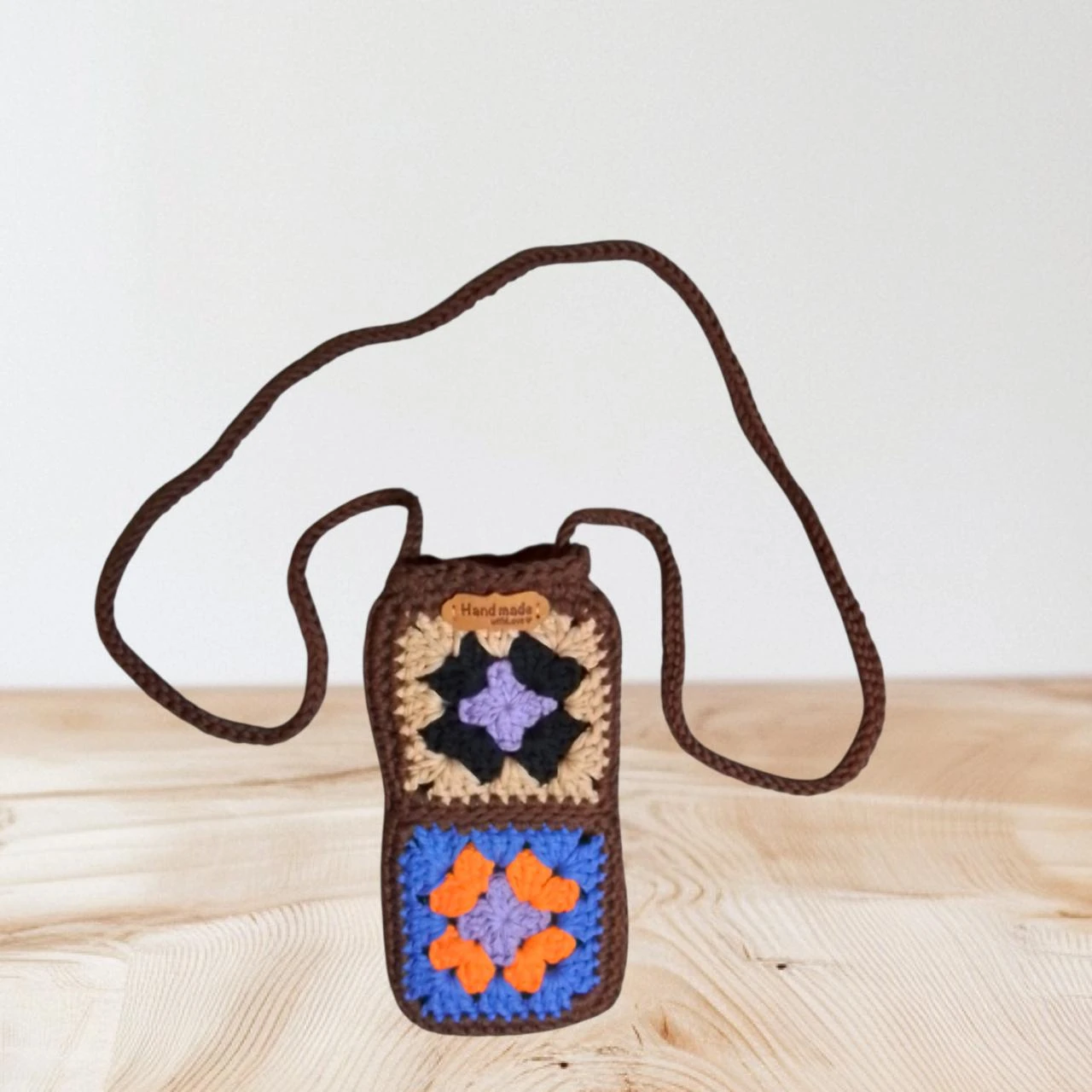 Pochette téléphone bandoulière marron multicolore 19x9 en 100% coton Neuf Fait M – photo 2